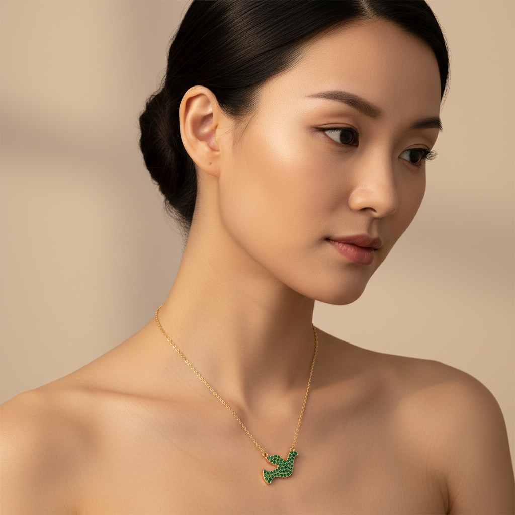 Green Crystal Dove Bird Pendant Necklace - Two