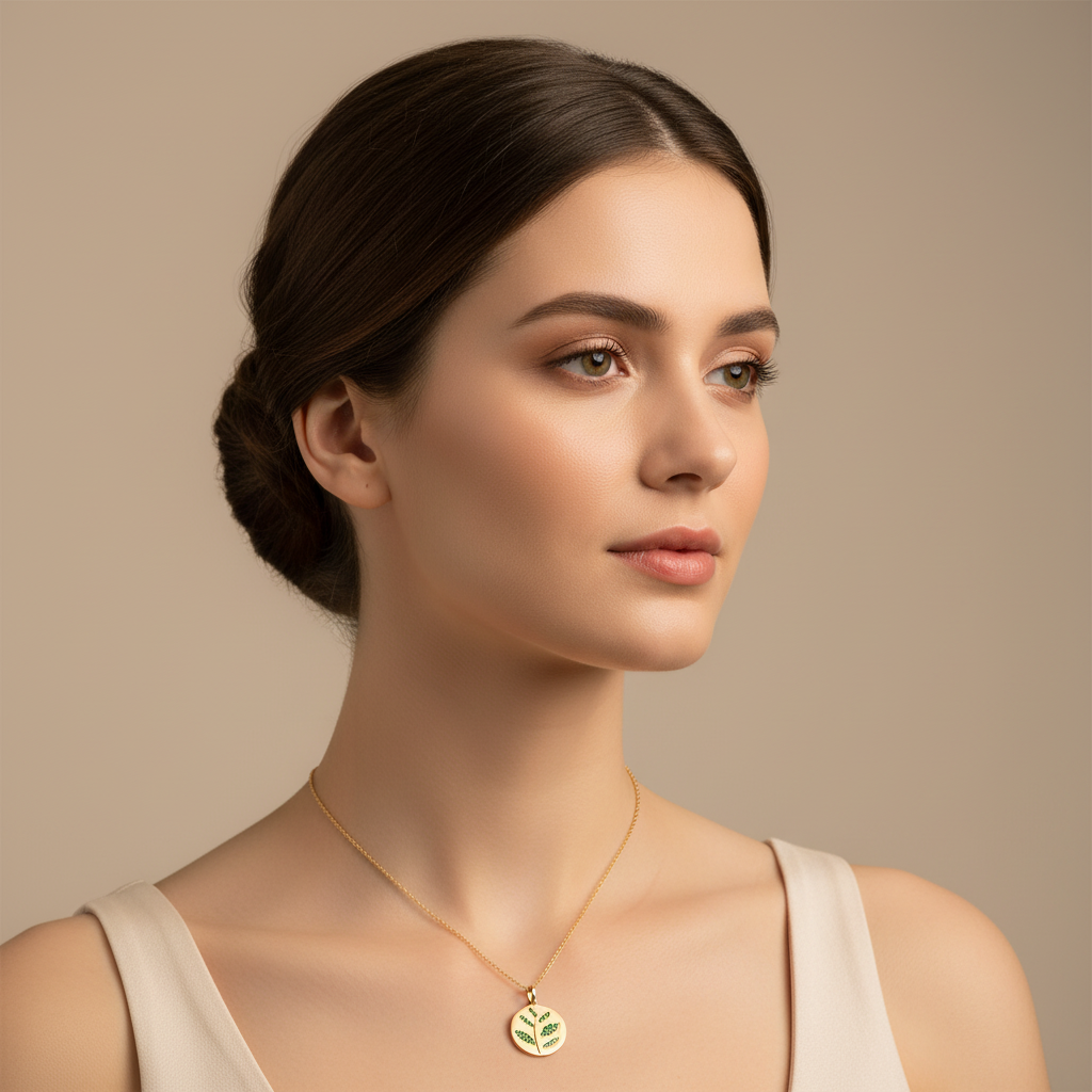 Green Leaf Disc Pendant Necklace With Emerald Stones - Two