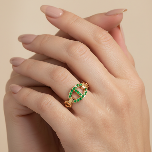 Emerald Oval Ring (Lab-Grown) | Yellow Gold Chain Link Vertical Bar Design | Jebij - Two