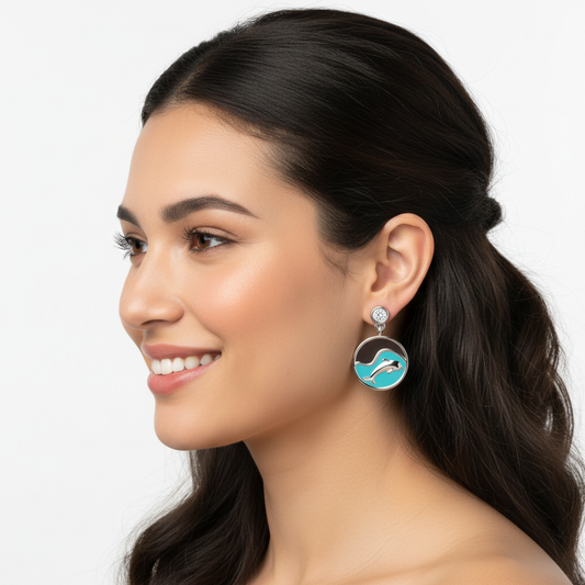 Gold Dolphin Enamel Drop Earrings with Crystal Stud  Blue Wave Design Dangle Earrings