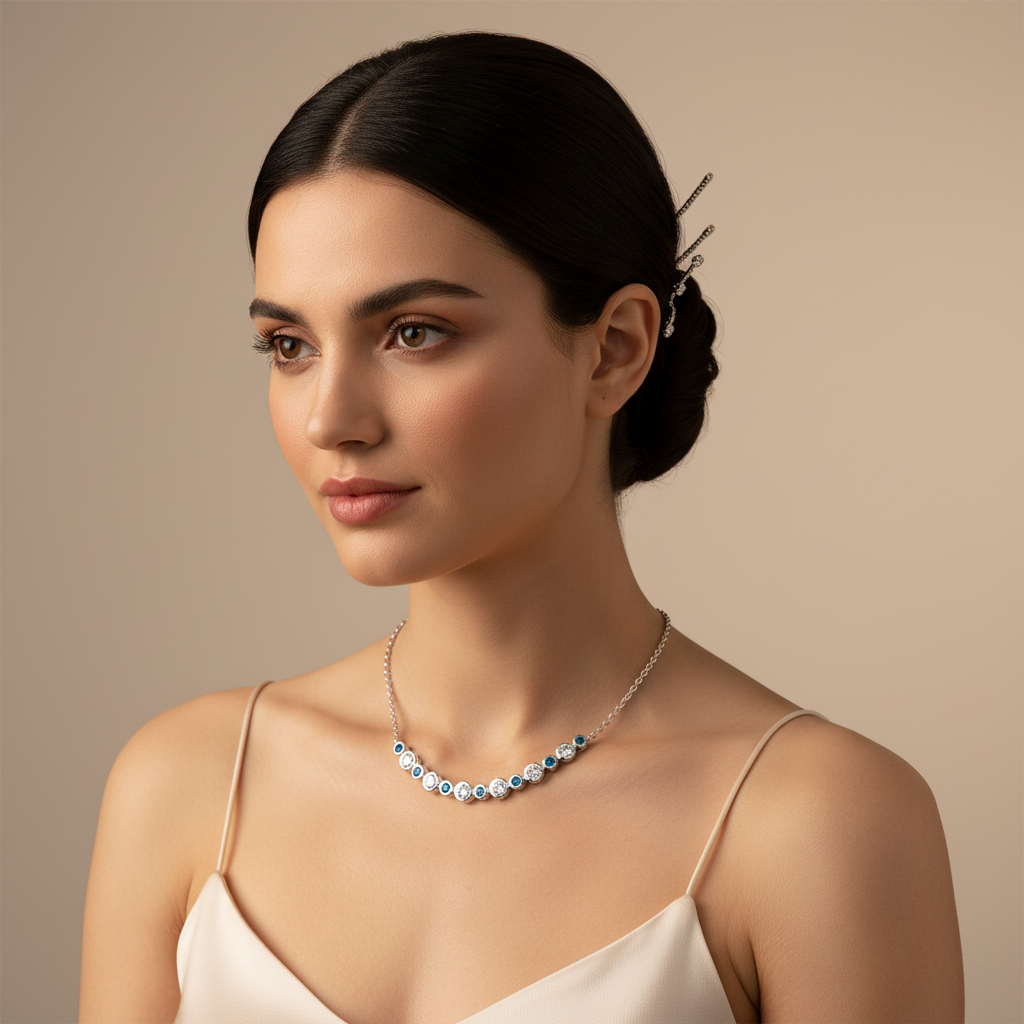 Blue And White Diamond Curved Bar Necklace - Two