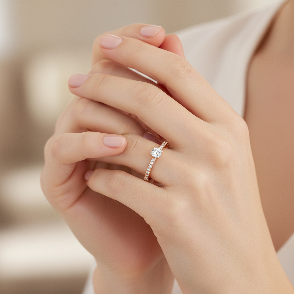 Rose Gold Solitaire Diamond Engagement Ring With Pav Band - Two