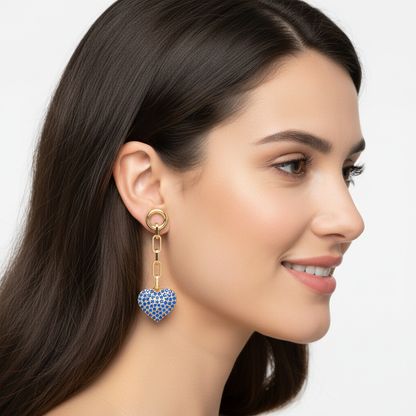 Blue Crystal Heart Chain Link Drop Earrings - Two