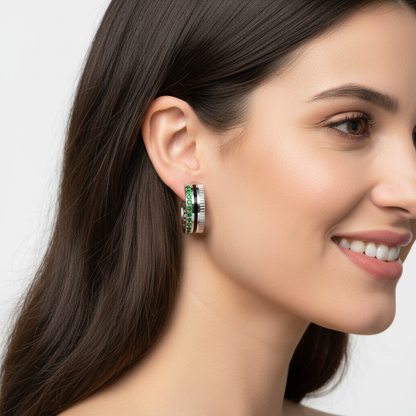 Emerald Hoop Earrings With Black Enamel Accent - Eight