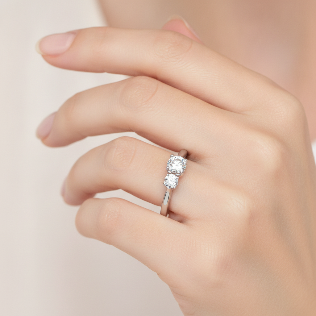 Trio Round Diamond Engagement Ring In 925 Sterling Silver - Fourteen