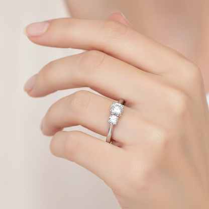 Trio Round Diamond Engagement Ring In 925 Sterling Silver - Fourteen