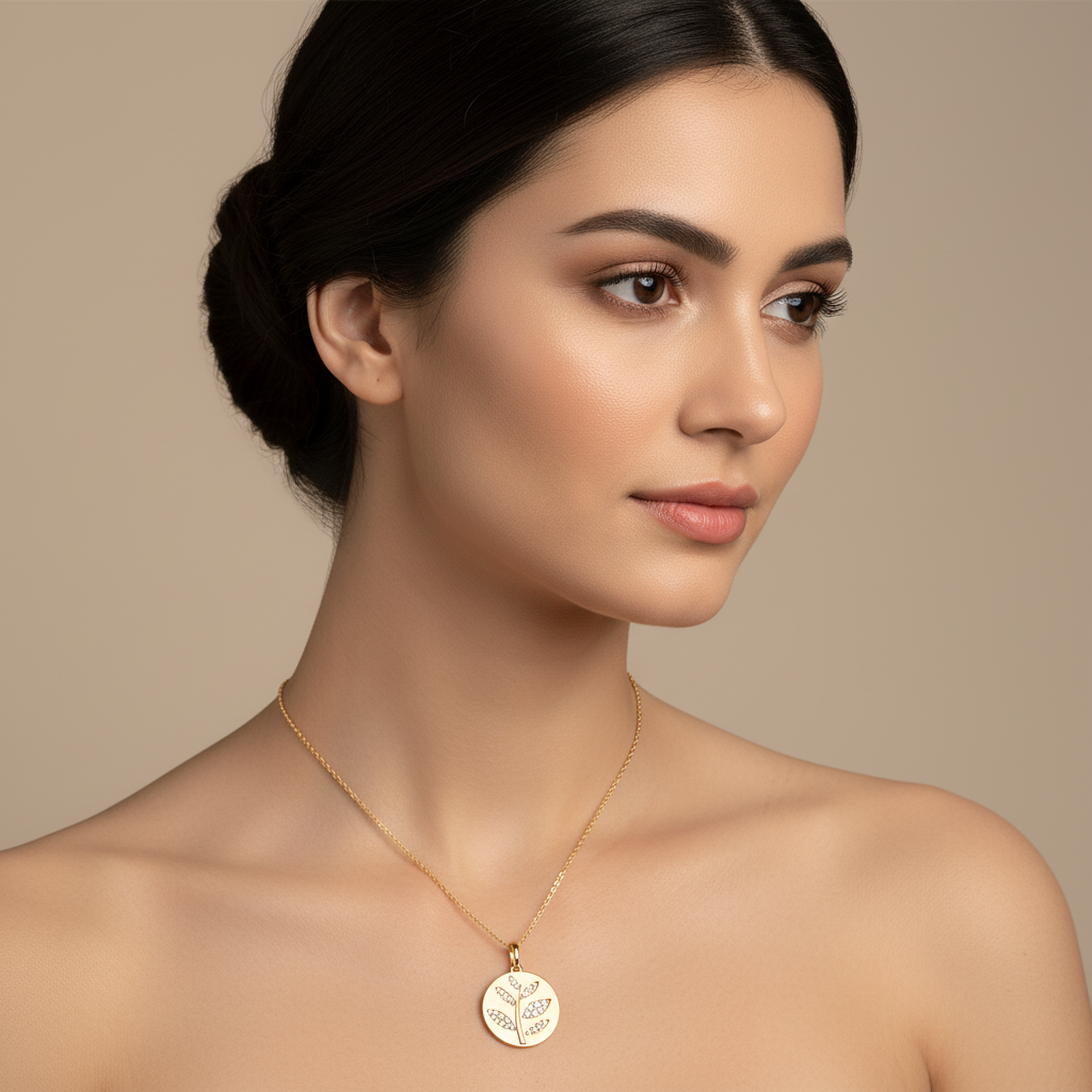 Diamond Leaf Branch Disc Pendant Necklace - Five