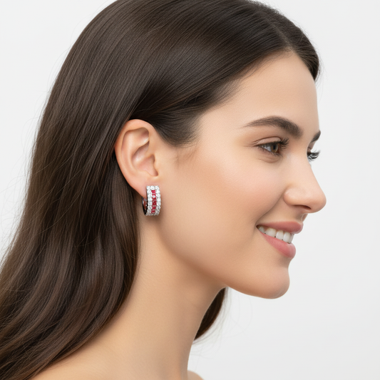 White Gold Coloured Gemstone And Diamond Channel Set Hoop Earrings - Two