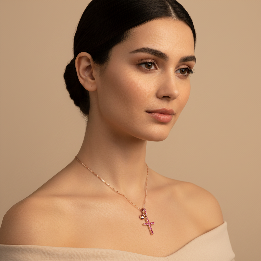Pink Crystal Cross Pendant Necklace With Heart Charm - Five