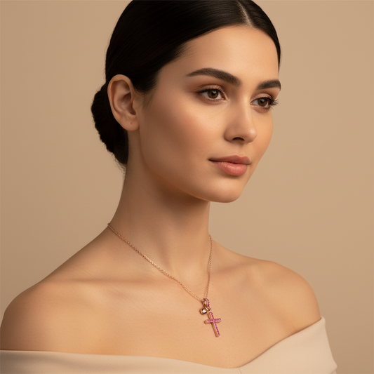Pink Crystal Cross Pendant Necklace With Heart Charm - Five