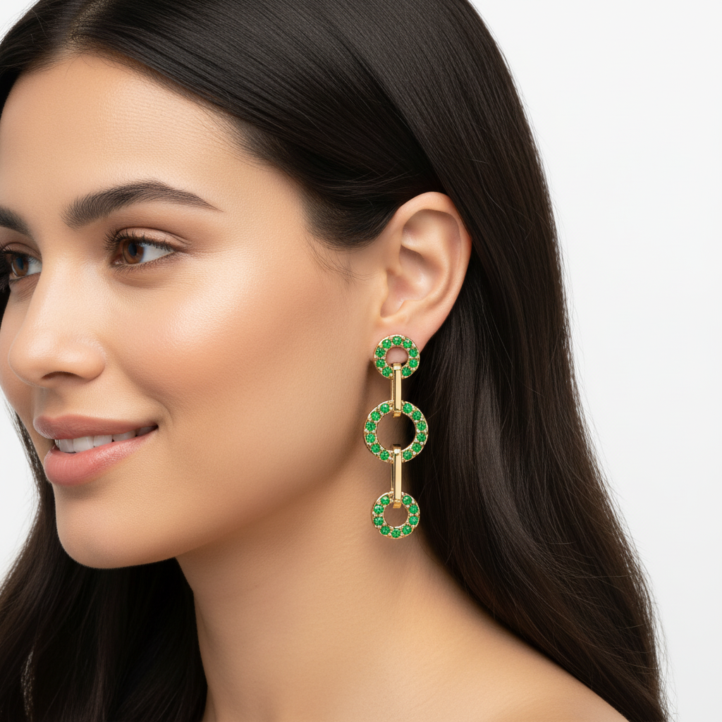 Emerald Triple Circle Link Drop Earrings - Two