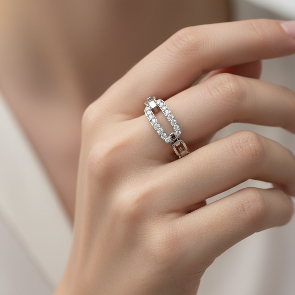 Diamond Interlocking Link Ring In White Gold | Modern Chain Style Pave Design Statement Ring For Women | Jebij - Two