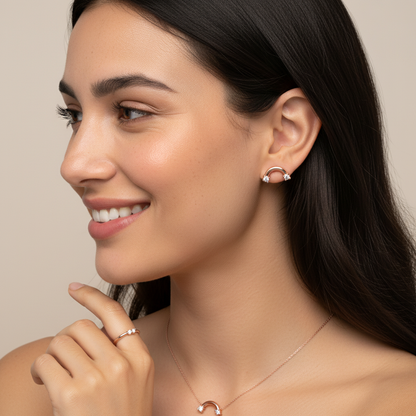 Rose Gold Curved Bar Stud Earrings With Double Crystals - Two