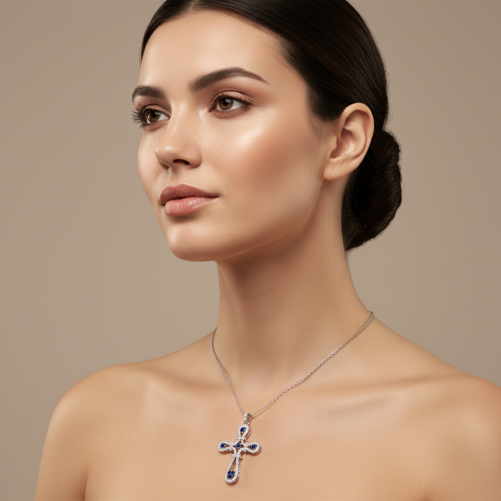 Blue Sapphire And Diamond Cross Pendant Necklace - Five