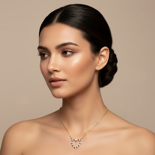 Blue Sapphire And White Diamond Heart Pendant Necklace In 14K White Gold - Two
