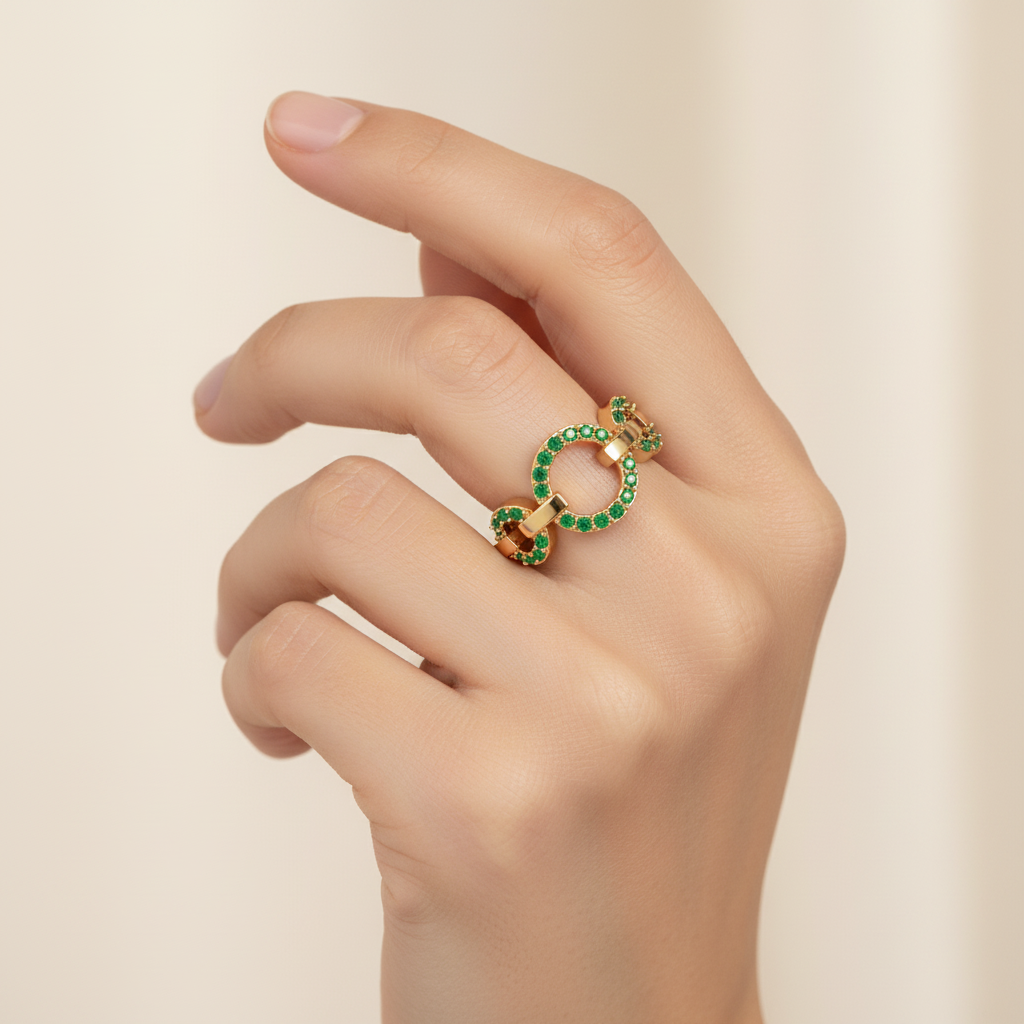 Emerald Multi-Link Circular Ring In Yellow Gold | Double Pave Interlocking Chain Statement Luxury Ring For Women | Jebij - Two