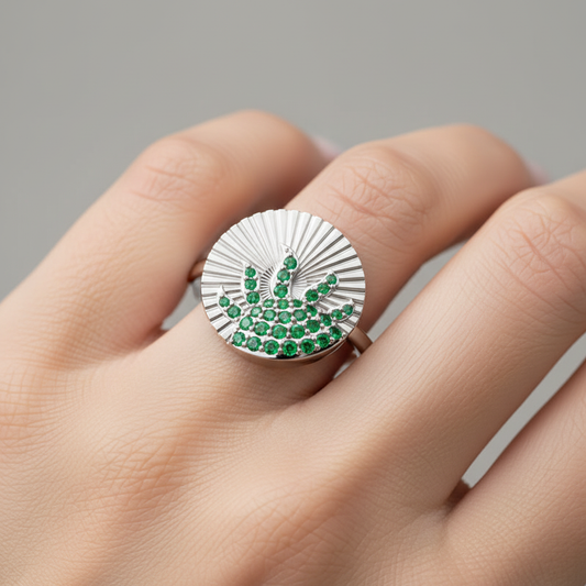 Emerald Wave Sunburst Ring With Textured Fan Design - Two