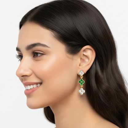 Gold Clover Drop Earrings With Green Gem Stone And White Diamonds - Two