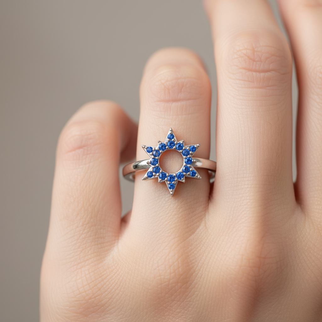 Blue Sapphire Starburst Halo Ring - Two
