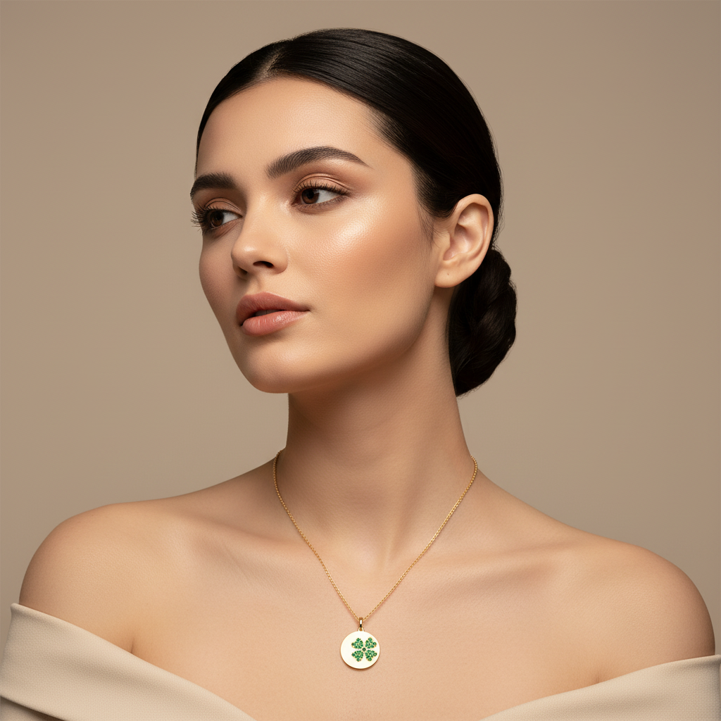 Four Leaf Clover Emerald Disc Pendant Necklace - Five