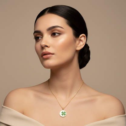 Four Leaf Clover Emerald Disc Pendant Necklace - Five