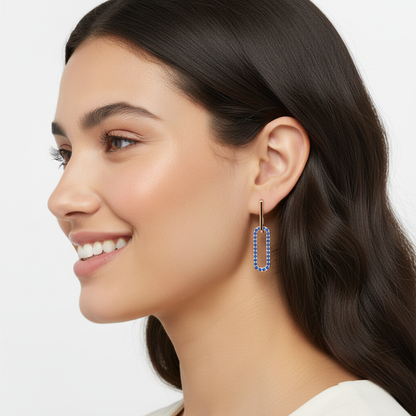 Blue Sapphire Geometric Drop Earrings With Bar Studs - Two