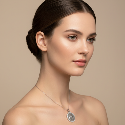 Sterling Silver Aquarius Zodiac Pendant with Diamond Halo Border