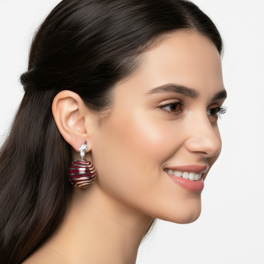 Red and White Striped Enamel Ball Drop Earrings with Crystal Accents