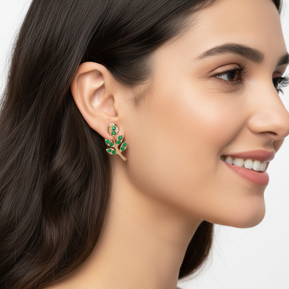 Emerald Leaf Branch Stud Earrings With Green Gemstones - Two