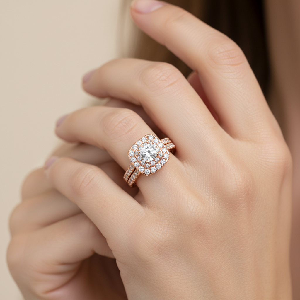 Rose Gold Double Halo Diamond Engagement Ring With Filigree Detail - Fourteen
