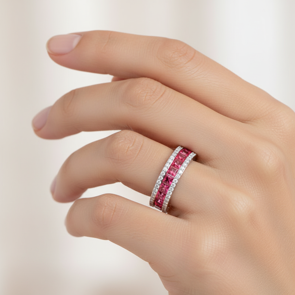 Princess Cut Ruby And Diamond Channel Set Wedding Band Ring - Three