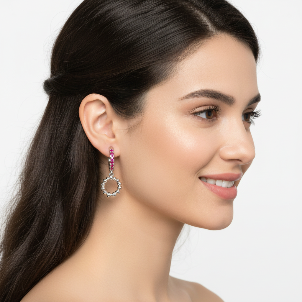Pink Gemstone Huggie Hoop Earrings With Beaded Circle Drop Charms - Two