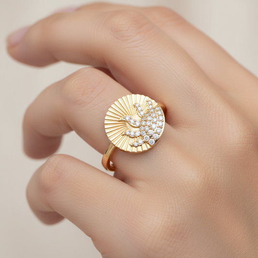 Diamond Sunburst Wave Ring With Textured Disc Design - Two