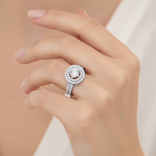 Classy Halo Solitaire Ring In 925 Sterling Silver - Fourteen
