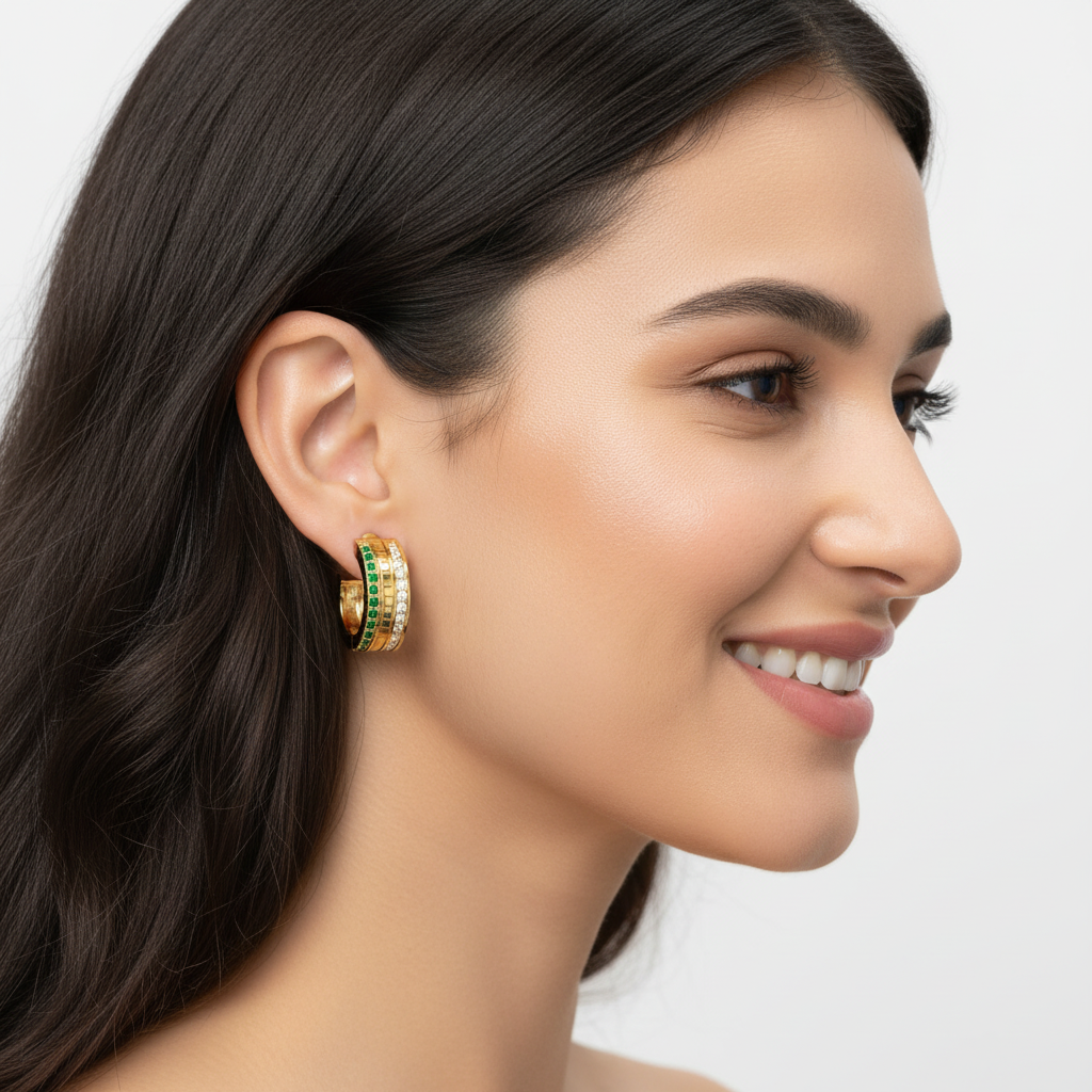 Emerald & Diamond Row Hoop Earrings In Yellow Gold – Luxury Statement Hoops | Jebij - Two
