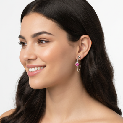 Beaded Hoop Earrings With Pink Crystal Flower Accent - Two