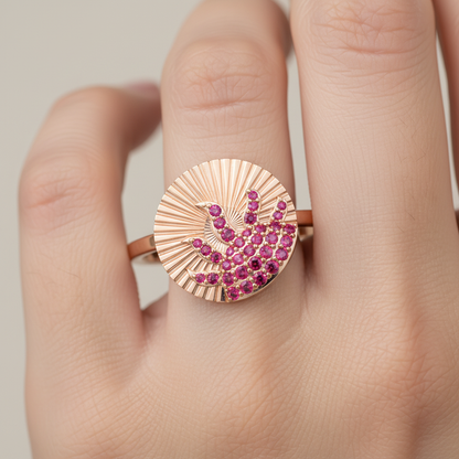 Ruby Sunburst Disc Ring With Textured Fan Design - Two
