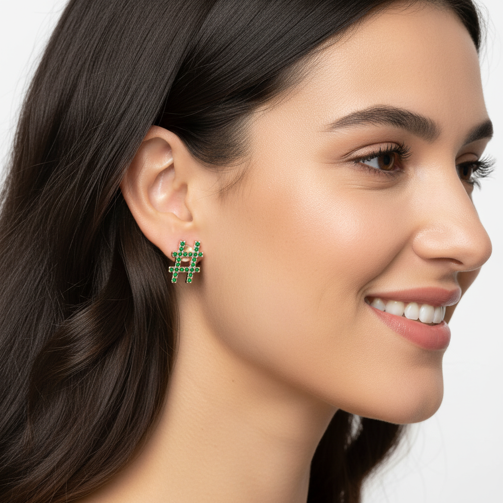 Green Crystal Hashtag Symbol Stud Earrings With Screw Back - Two