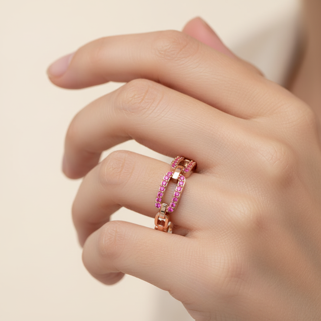 Lab-Grown Ruby Interlocking Link Ring In Rose Gold | Double Pave Luxury Chain Design Statement Ring For Women | Jebij - Two