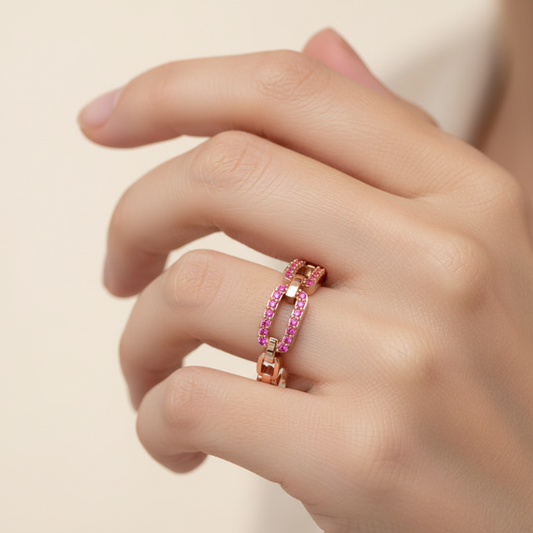Lab-Grown Ruby Interlocking Link Ring in Rose Gold | Double Pave Luxury Chain Design Statement Ring for Women | Jebij