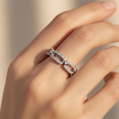 Diamond Interlocking Link Ring In White Gold | Double Pave Luxury Chain Design Statement Ring For Women | Jebij - Two