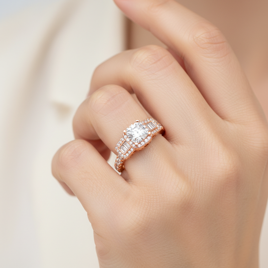 Rose Gold Diamond Engagement Ring with Hidden Halo and Pav Band