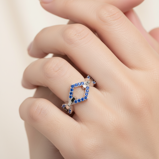 Blue Sapphire Chevron Chain Link Ring In White Gold | Geometric Double V Statement Ring For Women | Jebij - Two