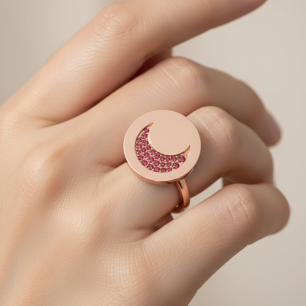 Ruby Crescent Moon Disc Ring - Two