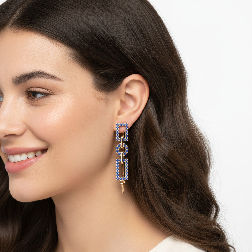 Blue Gemstone Geometric Chain Link Drop Earrings - Two
