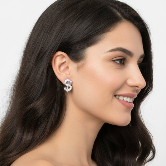 Dollar Sign Stud Earrings With Pav Crystals - Two