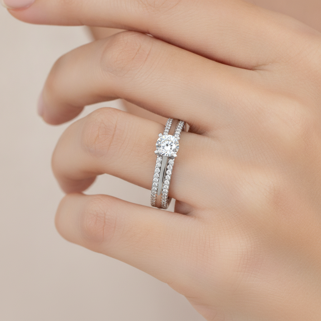 A Cutting Edge Solitaire Ring In 925 Sterling Silver - Fourteen