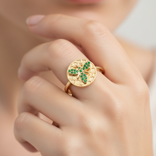 Emerald Bee Honeycomb Disc Ring - Two