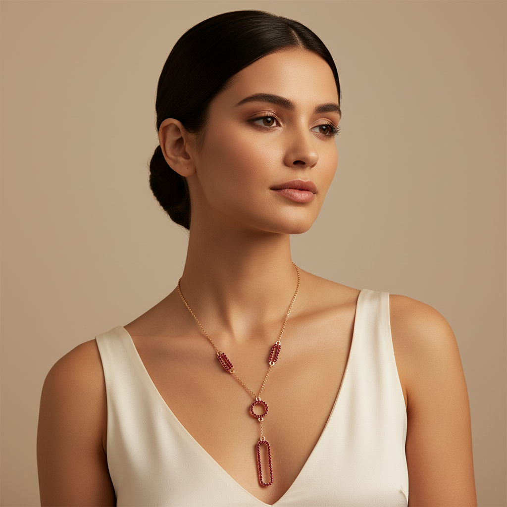 Lab-Grown Ruby Geometric Drop Y Necklace In Yellow Gold | Modern Pave Circle & Bar Design (16–17 Inch Adjustable) | Jebij - Eight