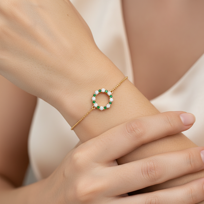 Emerald And Diamond Circle Bracelet With Delicate Chain - Two